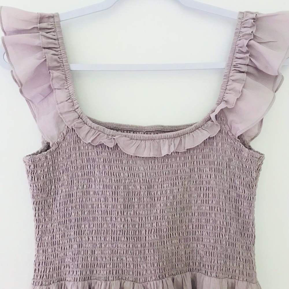 REFORMATION Noreen Smocked Ruffle Dress Midi Organic Cotton Lilac - Picture 10 of 14
